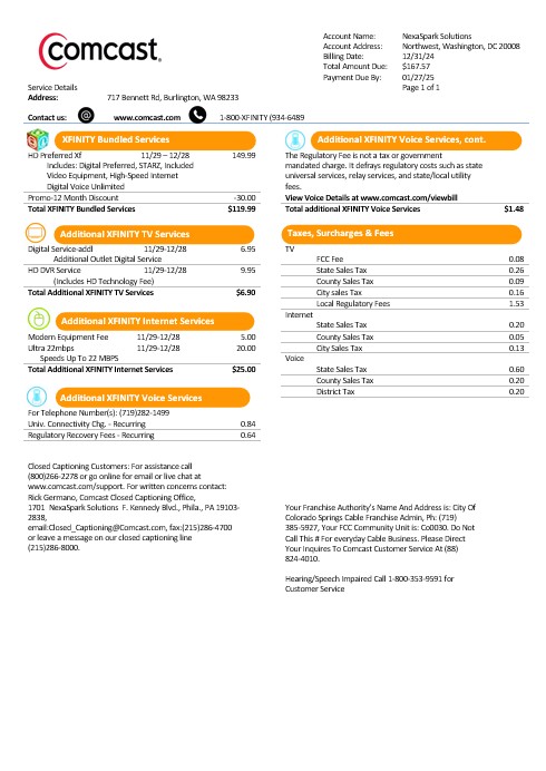 USA Utah Comcast business utility bill template in Word and PDF formats, version 1